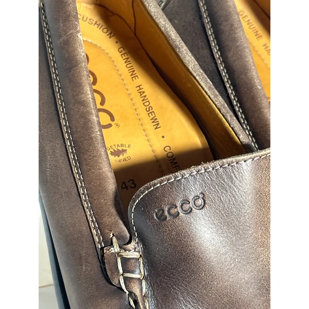 ECCO Mens Brown Leather Handsewn Loafers Slip On Driving Shoes Size 43 9 9.5